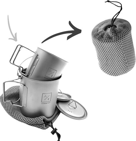 (مجموعة 2PC) Titanium 450ml و 750 مل من Titanium Compact Compact Cup Open Flame Cup و Kettle Mug Kit مع الأغطية ، وحالات السفر من النايلون | 250 غرام | تناسب معا in Saudi Arabia