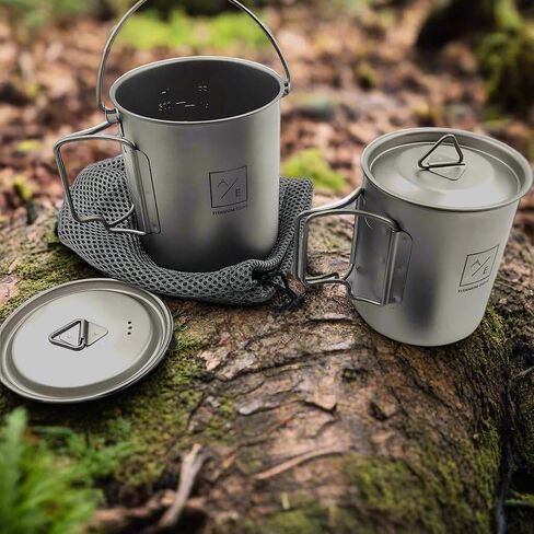 (مجموعة 2PC) Titanium 450ml و 750 مل من Titanium Compact Compact Cup Open Flame Cup و Kettle Mug Kit مع الأغطية ، وحالات السفر من النايلون | 250 غرام | تناسب معا in Saudi Arabia