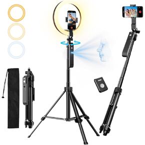 Upgraded Auto Face Tracking Tripod 360° Rotation with Stand, 10" Ring Light Phone Tripod & Selfie Stick with Remote and Gesture Control, No App, Built-in Tracking Camera for Video/Live Streaming