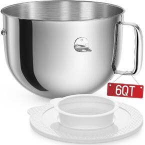 KN2B6PEH 6QT Bowl-Lift Stand Mixer Bowl, Compatible with Kitchenaid Professional 600 Mixer, Polished Stainless Steel Bowl with Extra Mixer Bowl Cover - Fits Bowl-Lift KV25G KP26M1X (6QT)
