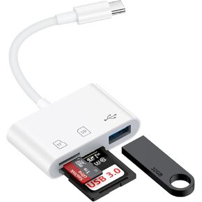 USB C to USB Camera Adapter,SD Card Reader for iPhone 15 16,3 in 1 Memory Card Adapter with Dual Card Slots & USB Port for Samsung Galaxy S25 Ultra Plus S24,Pixel 9 Android Trail Camera Card Reader