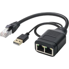 Duttek Ethernet Splitter 1 to 2 High Speed 1000Mbps, Gigabit Ethernet Splitter, Network LAN Splitter Adapter, RJ45 Splitter Cable with Power USB2.0 Cable 40cm for Cat7/Cat6 (Simultaneously Internet)