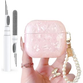 for Cute Glitter Airpods 4 Case 2024 with Cleaner Pen, Shell Pattern Apple Airpods iPod 4th Generation Case Cover Protective Skin Girl Women with Luxury Pearl Keychain, Pink