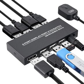 2 Port Displayport KVM Switch 4K@60Hz, 2 Way DP USB Switch for 2 Computer Share 1 HD Monitor and Keyboard Mouse Printer, Including 2 DP Cables & 2 USB Cables