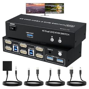 BolAAzuL USB 3.0 HDMI KVM Switch 4K@60Hz for 2 Computers Share 2 Monitors, Extended/Copy Mode, with 2 HDMI/USB Port Inputs, 2 HDMI Out, 3 USB 3.0 Ports Out Share Keyboard&Mouse