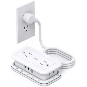 Travel Power Strip with USB Ports, Addtam 4 Outlets 3 USB(2 USB C) with 4FT Wrapped Flat Plug Power Strip, Short Small Extension Cord for Travel Cruise Ship Essentials, White