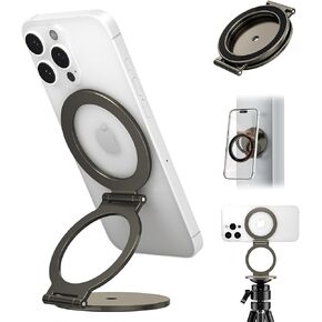 Dual Magnetic Phone Holder for MagSafe, 1/4" Screw Tripod Mount Adapter, Gym Magnet Phone Stand with Kickstand for iPhone 16 Pro Max 15 14 13 12 MagSafe Case Cell Phone