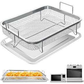 Air Fryer Basket for Oven,2 Pieces 11.8 * 8.8'' Non-stick Steel Mesh Grill Basket Air Fryer Baking Tray Accessories Rack Roasting Basket for Convection Oven with Air Fryer, Dishwasher Safe