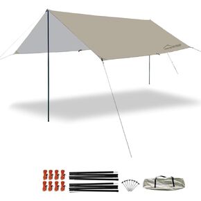 DANCHEL OUTDOOR 13ftx9.8ft Backpacking Waterproof Tent Tarp with 2 Poles, Rain Fly Sun Protection and PU 3000mm Waterproof, Lightweight for B2 Yurt Tent Camping Glamping