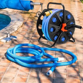 Portable Swimming Pool Vacuum Hose Reel Heavy Duty Plastic Vacuum Hose Storage Black Orange Pool Backwash Hose Reel with Carry Handle and Side Mounted Handle for 135 ft 1-1/2" 1-1/4"hose