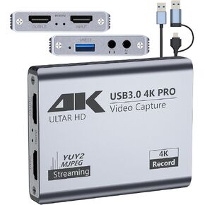 Video Capture Card, USB 3.0 High-Speed Interface, 1080P 60FPS/2K 30FPS/4K 18FPS Game Capture Recording, Compatible for PS5/Switch/Xbox/Camera/PC/OBS, Supports 4K 60FPS HDMI Loop-Out & Microphone Input