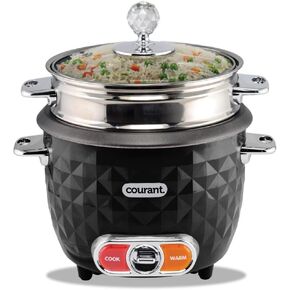 Courant 10-Cup (Cooked) / 5-Cup Uncooked Rice Cooker and Steamer with One-Touch Operation, Automatic Keep Warm Function, and Chrome Accents, Black