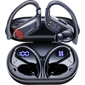 Wireless Earbuds Bluetooth Headphones Sports Over-Ear Bluetooth 5.3 Ear Buds with Earhooks 120H Playtime Wireless Headphones for Workout Waterproof Bluetooth LED Power Display, Black