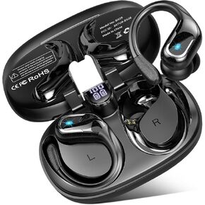 Wireless Bluetooth Earbud Sport, Bluetooth 5.3 Headphones with Noise Cancelling Mic, 75H HiFi Stereo Over Ear Earbud with LED Display and USB-C, IP7 Waterproof Earphones, Button Control, Bright Gold