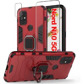 Jusy Compatible with Oneplus Nord N10 5G Case & Tempered Glass Screen Protector & Camera Protector for 1+ Nord N10, Protective Case with Rotate Holder Kickstand and Magnetic Plate（Red） in Kuwait