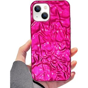 Losin Compatible with iPhone 15 Glitter Case Luxury Cute 3D Tin Foil Pleated Phone Case for Women Girls Bling Plating Phone Case Soft Silicone Slim Shockproof Protective Cover, Rose