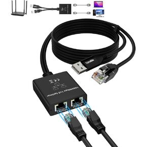 Upgrade USB-C Gigabit Ethernet Splitter 1 in to 2 Out Adapter, RJ45 in and USB-C Out, Network LAN Splitter with 6FT USB Power Cable, 1000M High Speed, Supports USB Cables