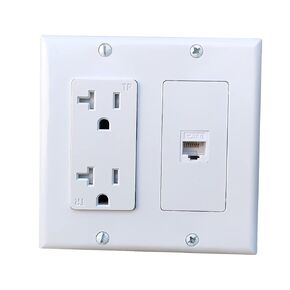 2 Gang Power Outlet with 1 CAT6 Ethernet Port - 20A Electrical Outlet Cover Plate with 1 CAT6 RJ45 Keystone Jack - White