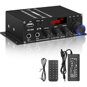 Stereo Amplifier Home Audio Receiver AK-390,AMP Speaker Bluetooth 5.0 Amplifier 400W+400W 2 Channels with 12V/5A Power Amplifier HiFi Amplifier FM Radio,(BT,USB, AUX, Mic)Input for Home Party