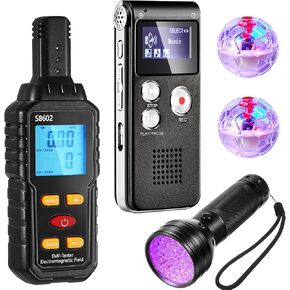 Dunzy 7 Pcs Ghost Hunting Equipment Kit Includes 1 Pcs 8gb Audio Recorder 1 Pcs Emf Meter Magnetic Field Detector 4 Pcs Ghost Hunting Cat Balls 1 Pcs UV Black Light Flashlight for Ghost Hunting