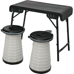 HYPERAX Camping Table & Collapsible Stools Set, Folding Beach Table with 2 Portable Stools for Outdoor Cooking, Picnic, Camp, Boat, Travel (Black)