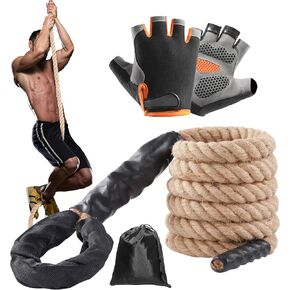 Natural Jute Gym Climbing Rope, 1.5" Diameter Home Workout Exercise Rope with Knotted Loop & Heat Shrink Cover, Indoor Outdoor Fitness & Strength Training Rope for Adult, Child