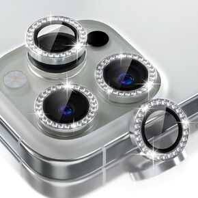 Compatible for iPhone 16 Pro/iPhone 16 Pro Max Camera Lens Protector Bling,9H Tempered Glass Camera Cover Screen Protector Metal Ring Decoration Accessories (Diamond-Silver)