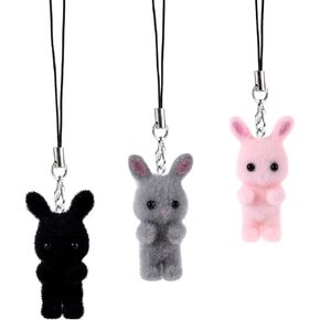 Cute Phone Charms, Kawaii Kitten Cat Phone Charms Bunny Phone Charms Bear Lanyard Aesthetic Accessories Charms for Bag Backpack Keychain Camera (Style 3, Black Pink Gray)