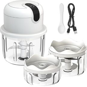 Mini Garlic Chopper, Cordless Electric Food Chopper Small Processor, 3 Cup for Vegetable Onion Tomato Pepper Herb, Anti-slip, incl USB cable, 24 Oz White