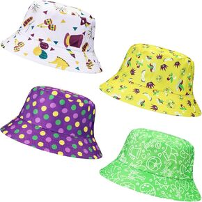 Blosssound 4 Pcs Mardi Gras Bucket Hat for Women Men Carnival Funny Fishing Hat Beach Cute Fisherman Cap Holiday Outdoor