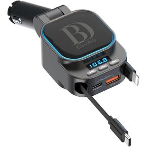 5 in 1 FM Bluetooth Transmitter, Retractable Car Charger, Retractable Type-C & Lightning Cables, Dual Port USB-C/USB -A, Upto 90W Fast Charging, Car Bluetooth Transmitter, and Bluetooth 5.3