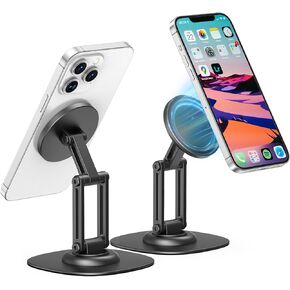 Magnetic Phone Stand, Compatible w/MagSafe iPhone Stand for Desk, Adjustable w/ 360° Rotating Metal Base, Foldable Portable Cell Phone Holder, for iPhone 16 15 14 13 Pro Max & MagSafe Case