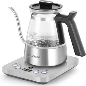 CASABREWS Gooseneck Electric Kettle, Stainless Steel Glass Kettle with Temperature Control & Reservation Time Function, Pour Over Kettle for Coffee & Tea, Fast Boiling, Auto Shut-Off, 1200W/0.8L