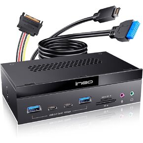 ineo 5.25" 10Gbps USB 3.2 Front Panel Card Reader with Audio Ports - SD/microSD Internal Reader, USB3.2 Type-E Key-A 20-Pin & USB3.0 Header, 15-Pin SATA Power