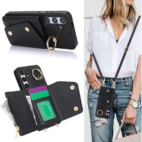for Samsung S25 Case for Women, Crossbody Wallet with Card Slot Lanyard Wrist Strap Shockproof Purse Kickstand Cover for Samsung Galaxy S25.Crossbody Rose Gold