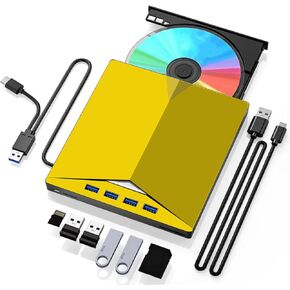 External Compatible bluray Drive USB-A Type-C(USB-C) BD DVD/bluray Player External Compatible blu-ray Drive Read/Write Compatible Portable Windows 7-11OS with USB Power Cable（Yellow）