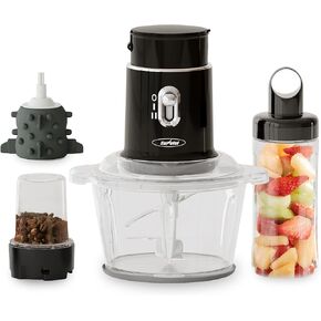 Sunvivi Blender and Food Processor, 4 Functions for for Grinding Meat, Peeling Garlic & Juicing, 2 Speed High Speed Blenders with 1.5L Glass Bowl & 2 Cups (0.4L+0.2L), Black
