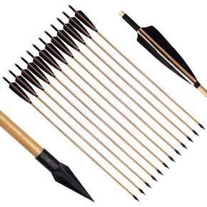 33" Archery Wooden Arrows with Turkey Feather and Sharp Iron Tips for Recurve Bow Longbow Hunting