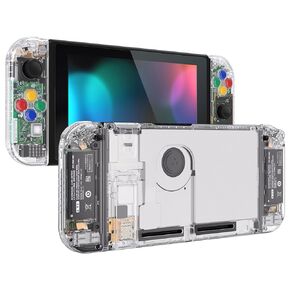eXtremeRate DIY Replacement Shell Buttons for Nintendo Switch, Crystal Clear Red Custom Back Plate for Switch Console, Housing Case with Colorful Buttons for Joycon Handheld - No Controller