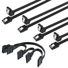 Right Angle SATA Cable III and IDE to SATA Power Splitter Cable, 4 Pcs 6Gbps SATA Data Cables with 1 Pcs LP4 4Pin IDE to 4 x 15 Pin SATA Power Splitter for HDD SSD