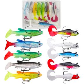Soft Plastic Lure with Tackle Box, Lifelike Bass Bait Kit, 10Pcs Pre-rigged Fishing Jig Lures for Freshwater & Saltwater, Paddle Tail Swim Baits for Trout, Trolling Lures, Fishing Gifts for Men Unique