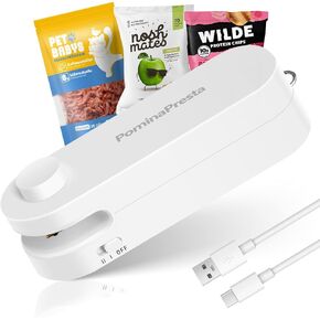 Mini Bag Sealer, 2 in 1 Heat Sealer with Cutter,USB-C Rechargeable Chip Bag Sealer Heat Seal, PominaPresta Portable Handheld Sealing Machine for Snack, Plastic Bags & Food Storage (White)