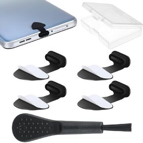 4 Pack USB C Dust Plug, Black Type C Anti Dust Plug Cove with Cleaning Brush USB C-Type Port Silicone Dust Covers with Clear Case Charging Port Plug Adhesive Phone Cleaning Plug for Laptop