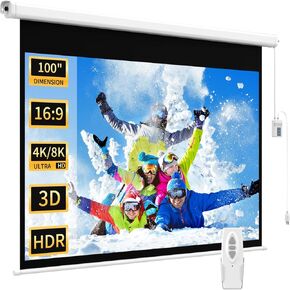 WASJOYE Motorized Projector Screen 100" - 16:9 Electric Projector Screen Wall/Ceiling Mount with Remote Control - 8K 3D HD Projection Screen Dual Side Power Supply for Home Theater Office TV Game