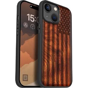 Carveit Magnetic Wood Case for iPhone 15 Case [Solid Wood & Black Soft TPU] Shockproof Protective Cover Unique Wooden Case Compatible with magsafe (Natural Wood -Walnut)