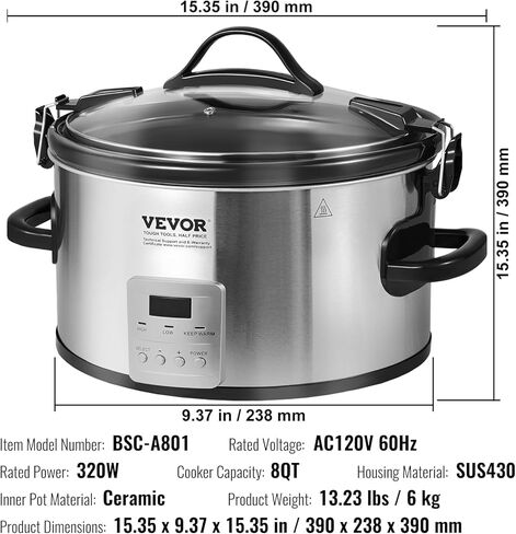 Vevor Slow Cooker ، وعاء طباخ بطيء 320W 320W مع إعدادات حرارة من 3 مستويات ، ومطبوعات طيبة رقمية مع 20 ساعة من توقيت كحد أقصى ، وغطاء قفل ، وعاء داخلي للسيراميك للاستخدام المنزلي/التجاري in Saudi Arabia