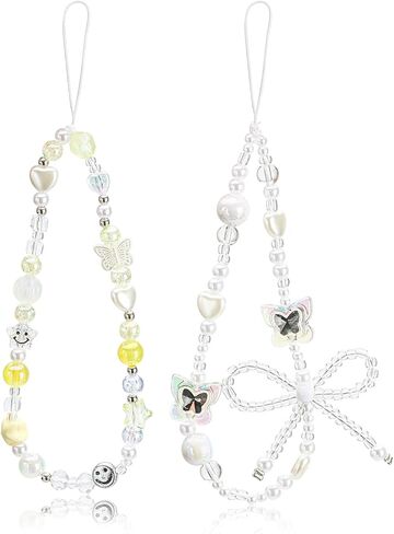 Phone Charms Lanyard Strap,Butterfly Bow Knot Heart Star Beaded Phone Charm Strap,Cute Phone Charms Aesthetic Y2k Pearl Beaded Strap, Stationery Decoration Phone Lanyard Wrist Phone Chain for Women in Saudi Arabia