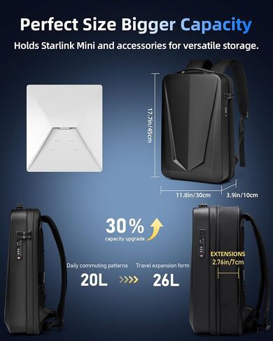 Starlink Mini Backpack Case, Protective Hard Shell Case for Dish Satellite Accessories,USB & Type-C Ports, Expandable 20L-26L,Waterproof & Scratch-Resistant PC Material,Perfect for Travel Outdoor in Saudi Arabia