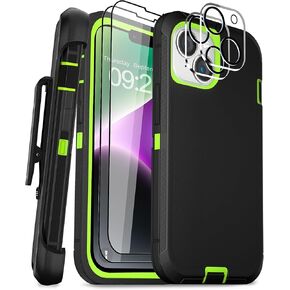 for iPhone 14 Case 6.1" Belt-Clip Kickstand with 2 Screen Protector & 2 Camera Lens Protector,Full Body Protection Heavy Duty Case Cover (Black Green+Clip)