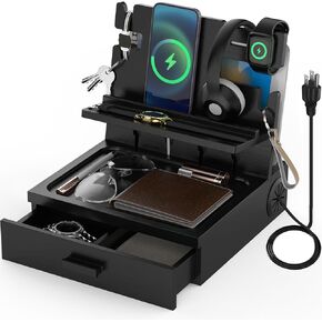 Nightstand Organizer with Charging Station, Wood Docking Station with USB Ports and Outlets, Gifts for Men, Bedside Holder with Drawer for Kindle,Phone,Key, Watch & Accessories (Classic Black)